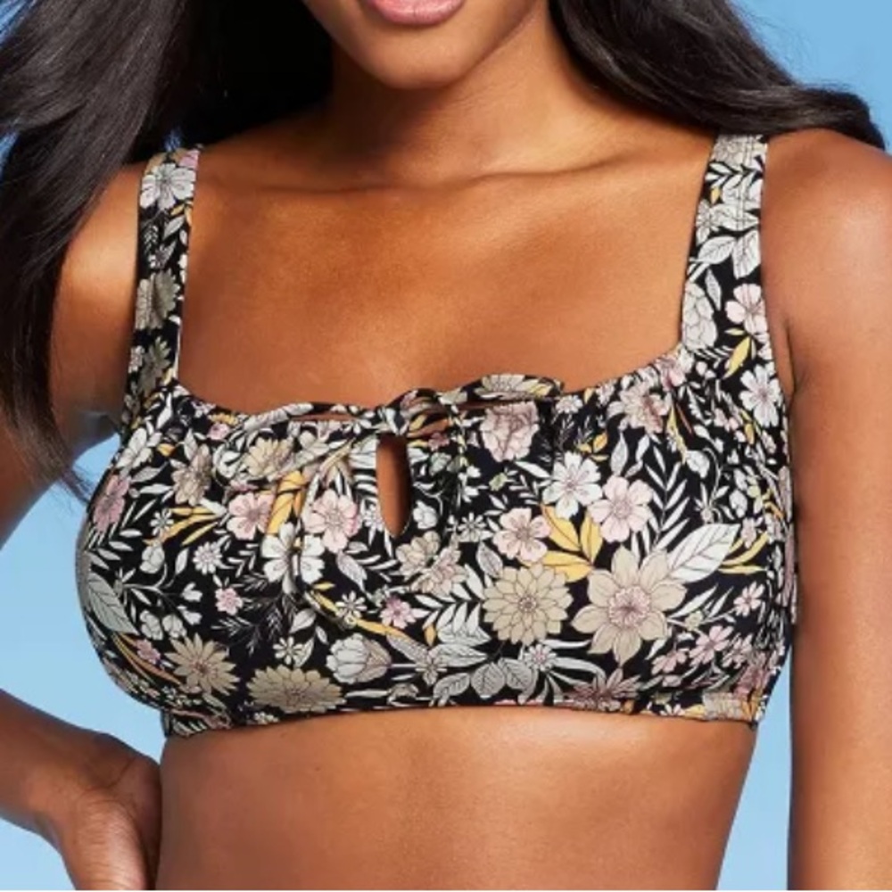 NWT KONA SOL Swim Bikini Top Women's Black with Pink Floral - Adjustable XL